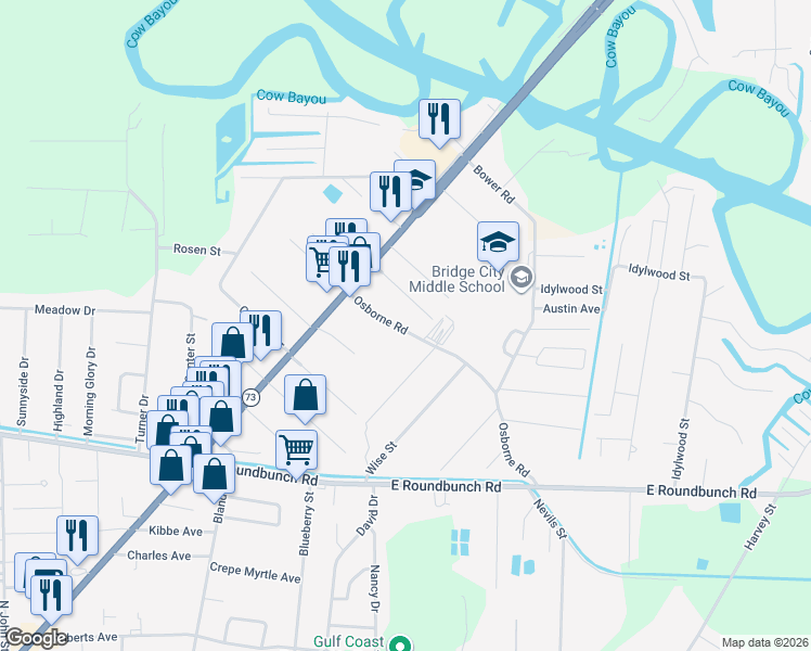 map of restaurants, bars, coffee shops, grocery stores, and more near 165 Osborne Road in Bridge City