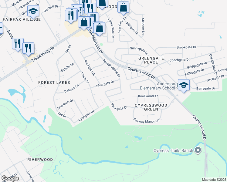 map of restaurants, bars, coffee shops, grocery stores, and more near 5603 Bridgegate Drive in Spring