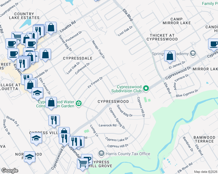 map of restaurants, bars, coffee shops, grocery stores, and more near 17734 Sorrell Ridge Drive in Spring
