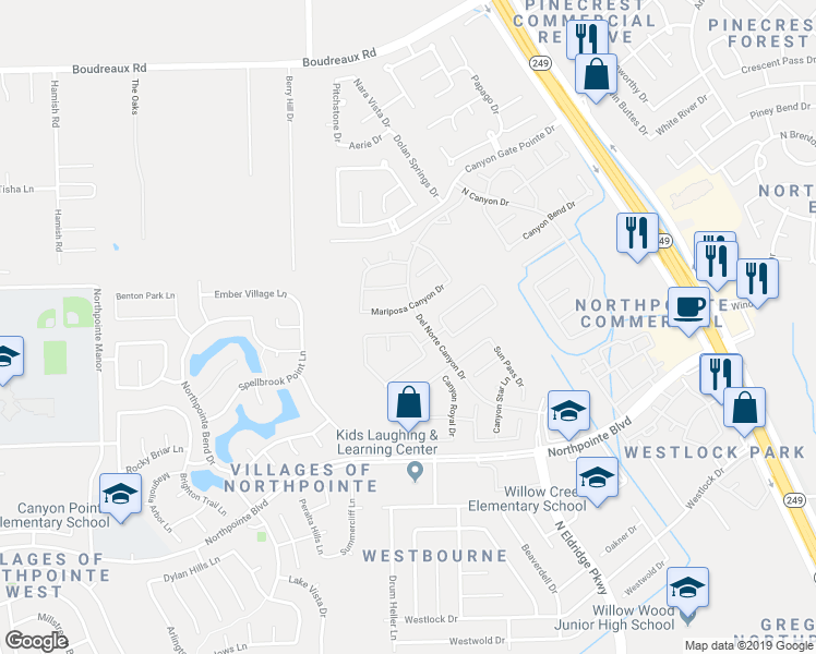 map of restaurants, bars, coffee shops, grocery stores, and more near 12006 North Sawtooth Canyon Drive in Tomball