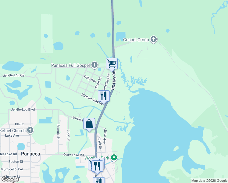 map of restaurants, bars, coffee shops, grocery stores, and more near 1558 Coastal Highway in Panacea