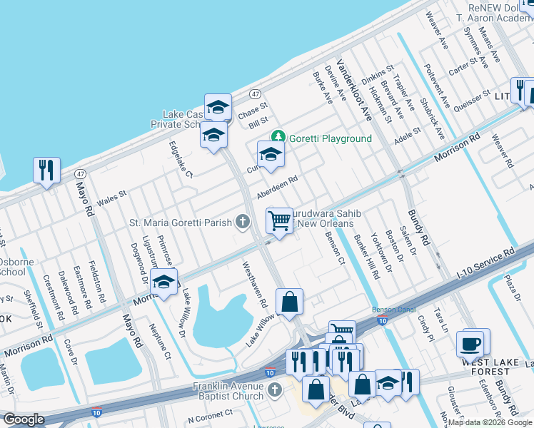 map of restaurants, bars, coffee shops, grocery stores, and more near 7451 Crowder Boulevard in New Orleans