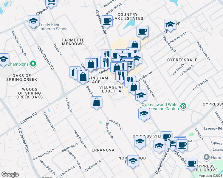 map of restaurants, bars, coffee shops, grocery stores, and more near 5015 Louetta Road in Spring