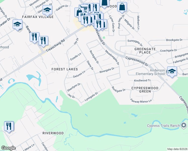map of restaurants, bars, coffee shops, grocery stores, and more near 5404 Rivergate Drive in Spring
