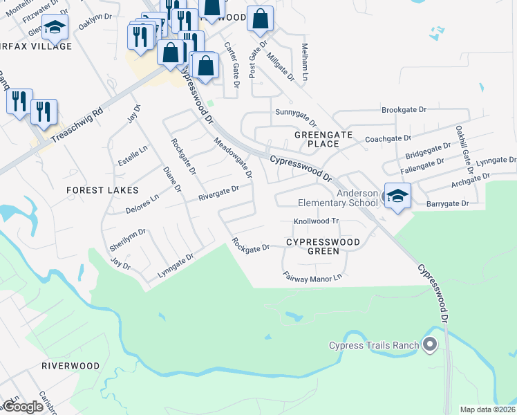 map of restaurants, bars, coffee shops, grocery stores, and more near 22202 Meadowgate Drive in Spring