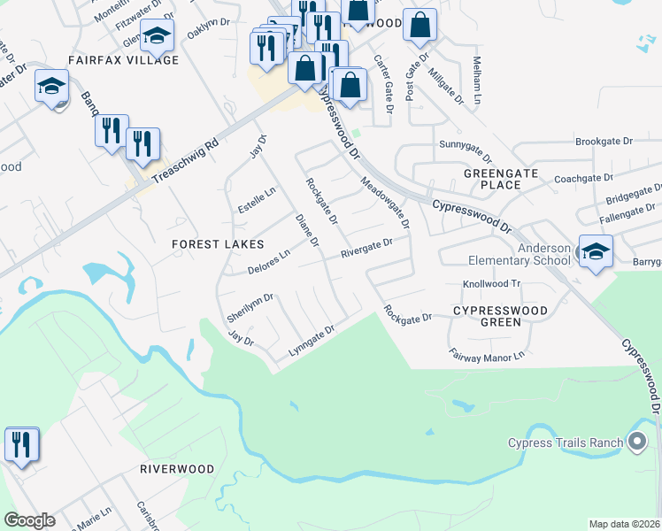 map of restaurants, bars, coffee shops, grocery stores, and more near 5404 Rivergate Drive in Spring