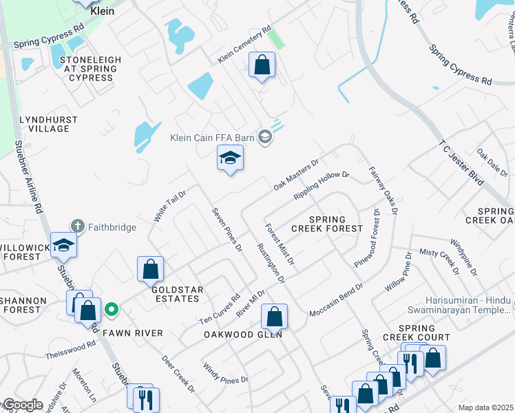 map of restaurants, bars, coffee shops, grocery stores, and more near 6702 Oak Masters Drive in Spring