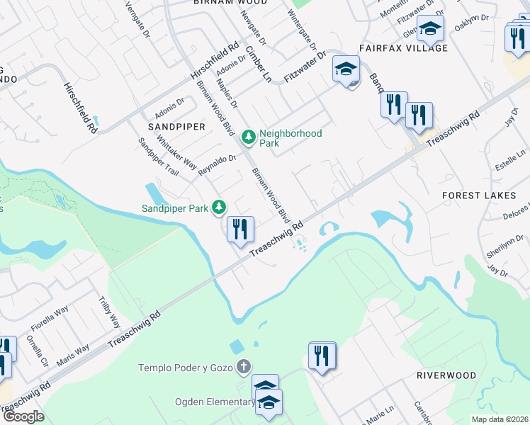 map of restaurants, bars, coffee shops, grocery stores, and more near 22914 Twisting Maple Court in Spring