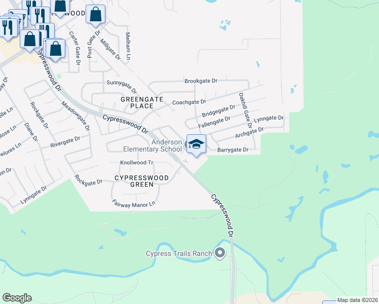 map of restaurants, bars, coffee shops, grocery stores, and more near 6218 Lynngate Drive in Spring