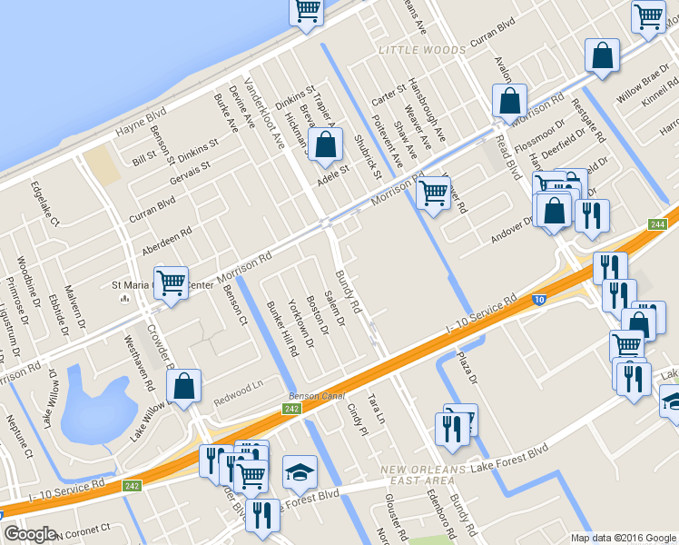 map of restaurants, bars, coffee shops, grocery stores, and more near 7160 Bundy Road in New Orleans