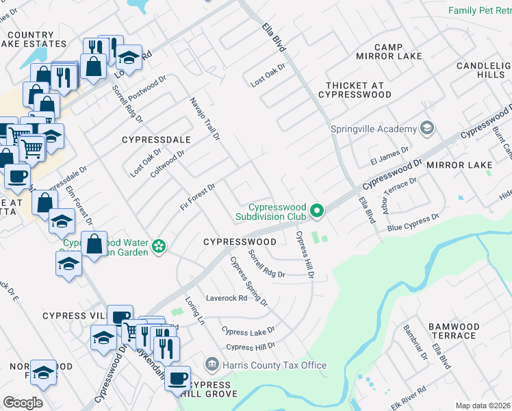 map of restaurants, bars, coffee shops, grocery stores, and more near 3826 Shipman Lane in Spring