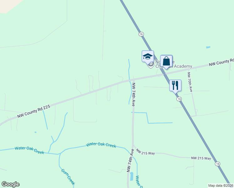 map of restaurants, bars, coffee shops, grocery stores, and more near 7668 Northwest County Road 225 in Starke