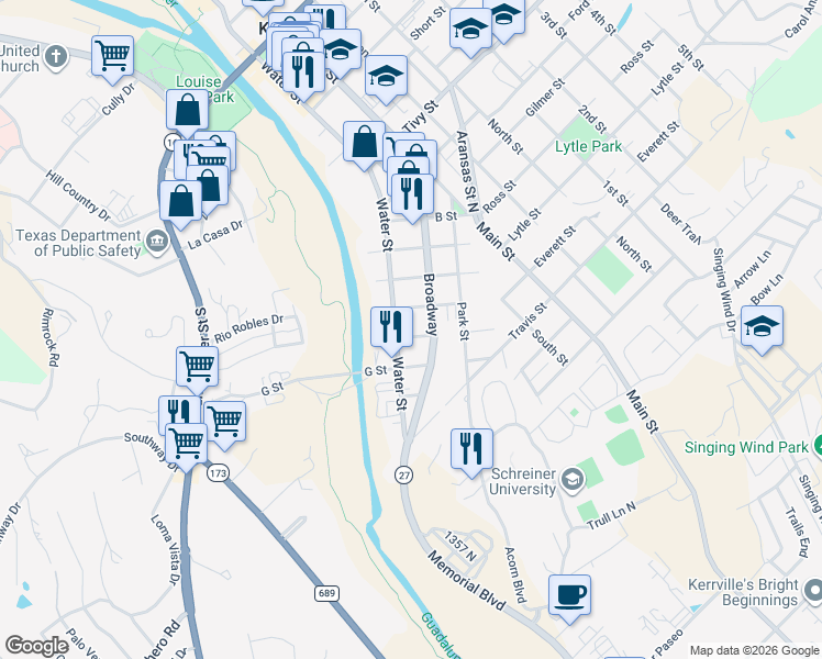map of restaurants, bars, coffee shops, grocery stores, and more near 212 F Street in Kerrville