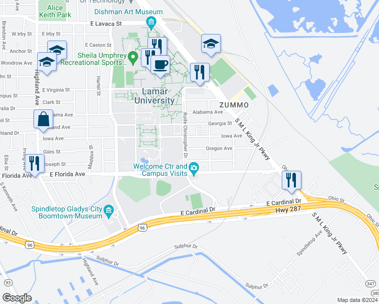 map of restaurants, bars, coffee shops, grocery stores, and more near 1010 Oregon Avenue in Beaumont