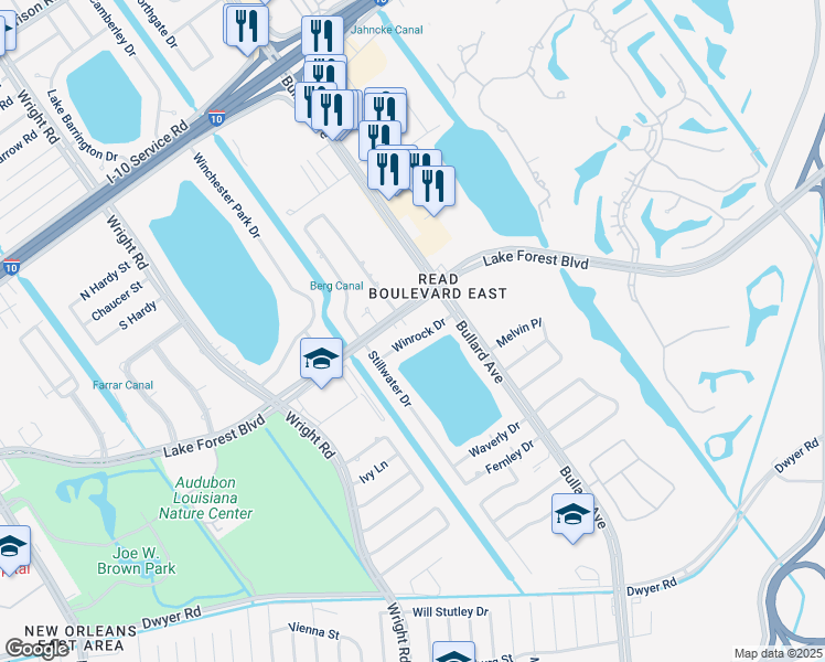 map of restaurants, bars, coffee shops, grocery stores, and more near 11276 Lake Forest Boulevard in New Orleans