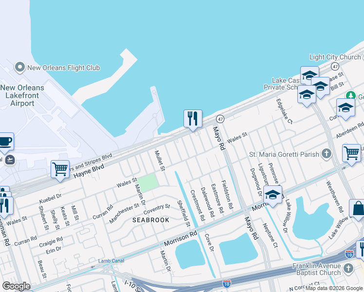 map of restaurants, bars, coffee shops, grocery stores, and more near 8018 Trout Road in New Orleans