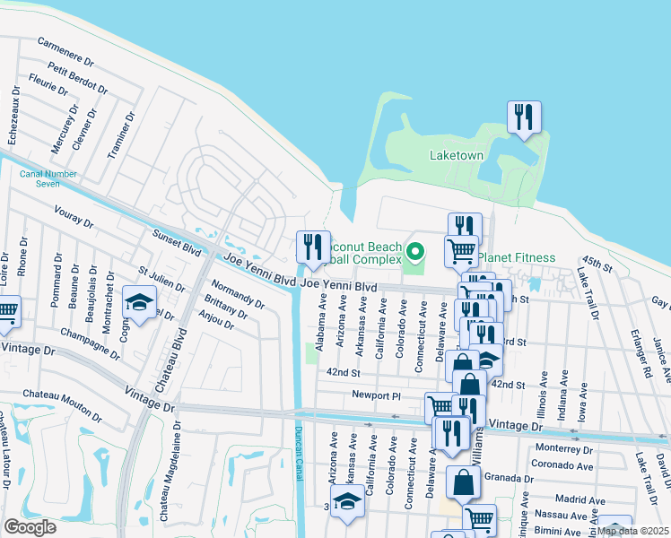 map of restaurants, bars, coffee shops, grocery stores, and more near 1600 Joe Yenni Boulevard in Kenner