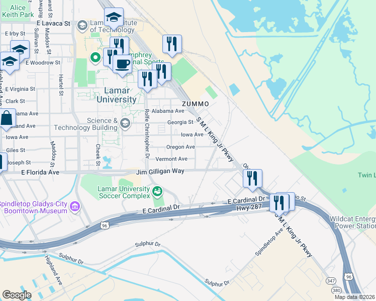 map of restaurants, bars, coffee shops, grocery stores, and more near 1176 Oregon Avenue in Beaumont