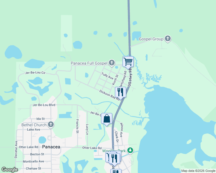 map of restaurants, bars, coffee shops, grocery stores, and more near 10 Hardee Avenue in Panacea