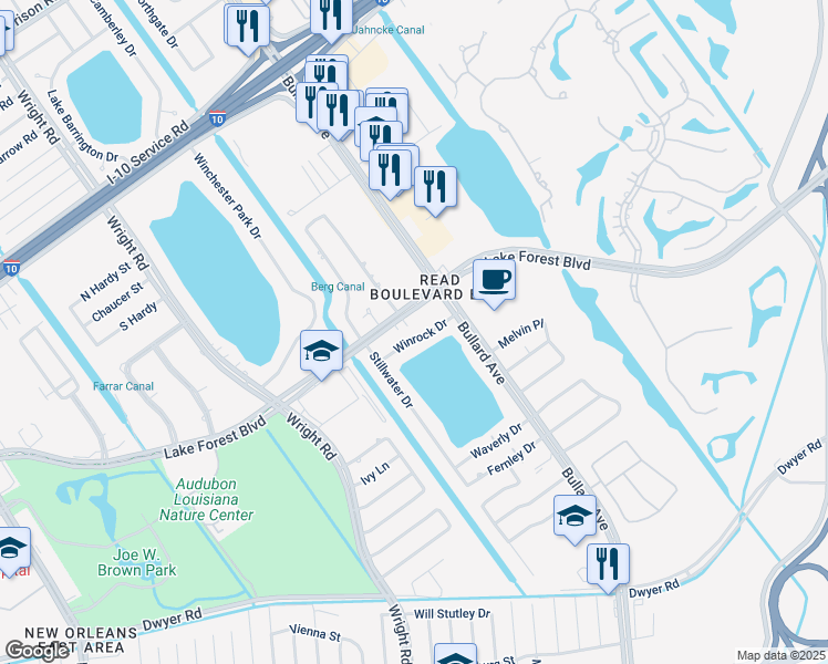 map of restaurants, bars, coffee shops, grocery stores, and more near 11276 Lake Forest Boulevard in New Orleans