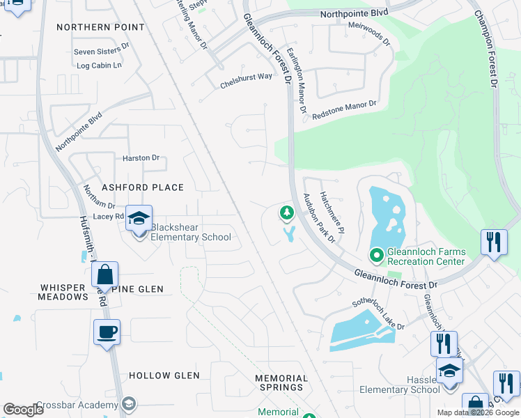 map of restaurants, bars, coffee shops, grocery stores, and more near 9903 Kershope Forest Court in Spring
