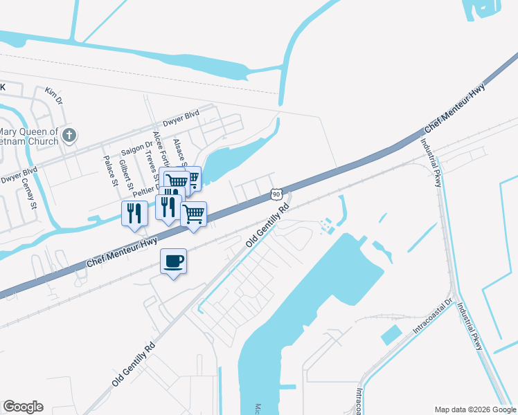 map of restaurants, bars, coffee shops, grocery stores, and more near 14778 Chef Menteur Highway in New Orleans