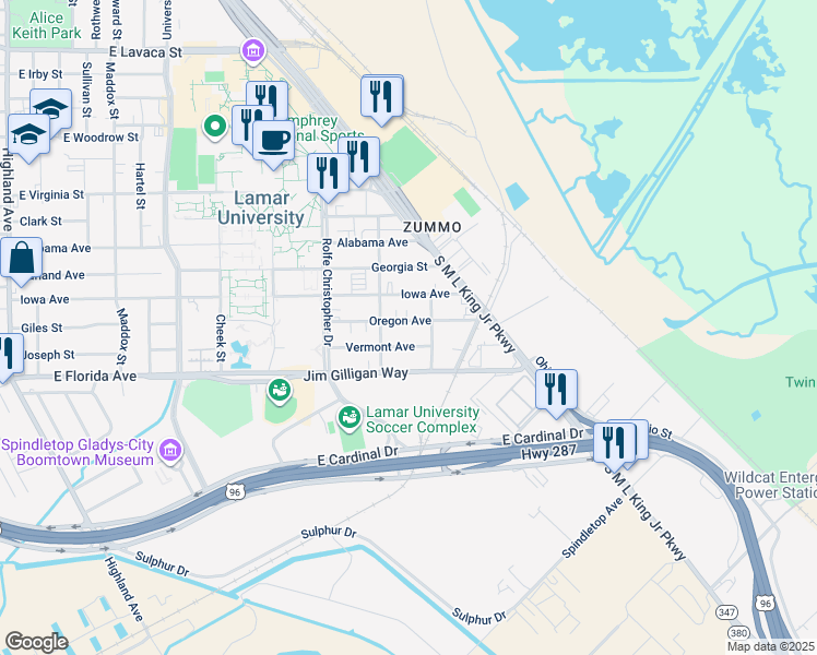 map of restaurants, bars, coffee shops, grocery stores, and more near 1160 Oregon Avenue in Beaumont