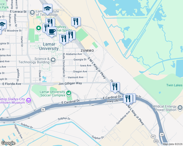 map of restaurants, bars, coffee shops, grocery stores, and more near 1266 Oregon Avenue in Beaumont