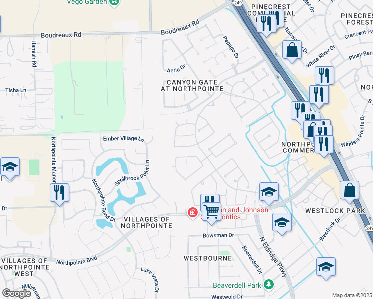 map of restaurants, bars, coffee shops, grocery stores, and more near 12019 Mariposa Canyon Drive in Tomball
