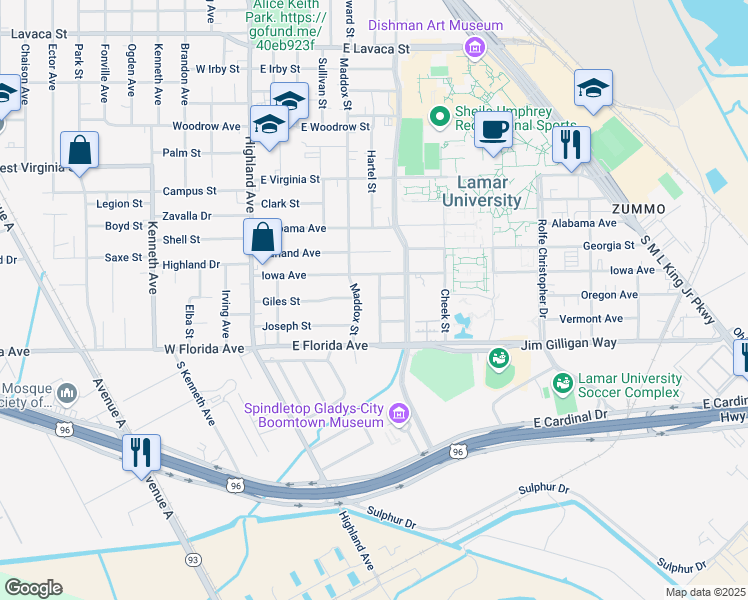 map of restaurants, bars, coffee shops, grocery stores, and more near 5020 Chambers Street in Beaumont