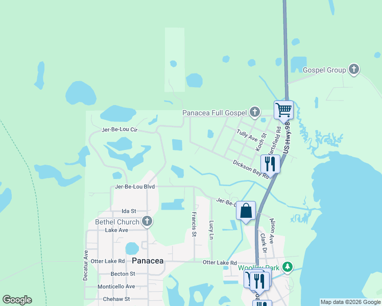 map of restaurants, bars, coffee shops, grocery stores, and more near 137 Dickson Bay Road in Panacea