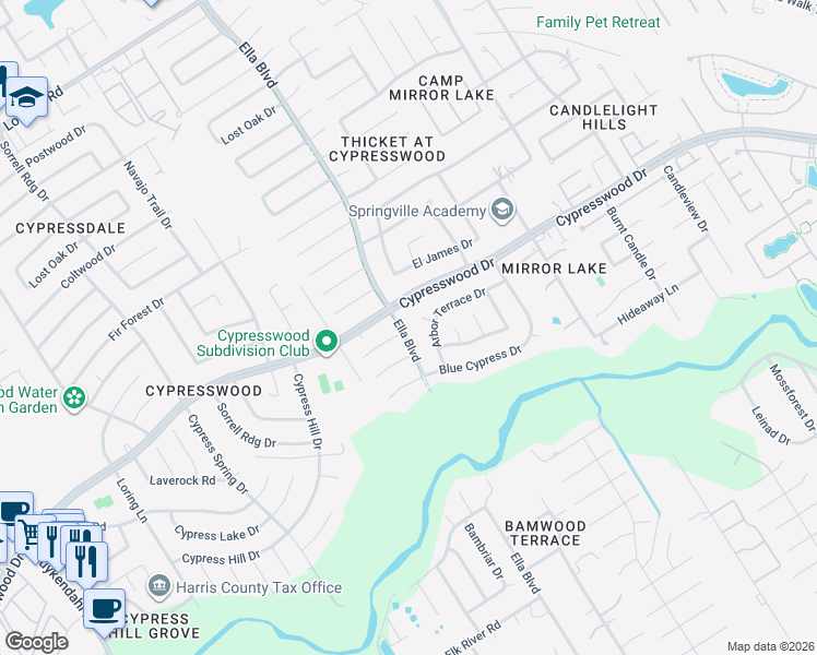 map of restaurants, bars, coffee shops, grocery stores, and more near 18334 Ella Boulevard in Spring