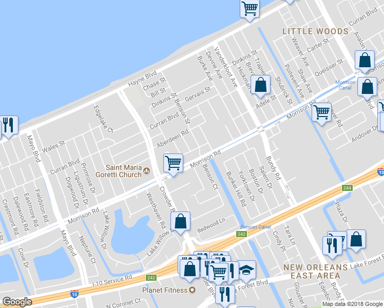 map of restaurants, bars, coffee shops, grocery stores, and more near 8540 Scottsdale Drive in New Orleans