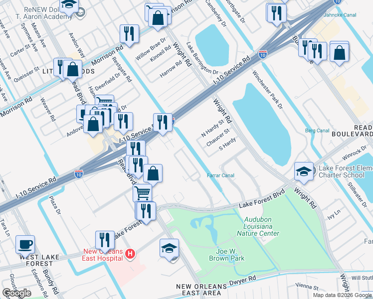 map of restaurants, bars, coffee shops, grocery stores, and more near 5953 East deer Park Boulevard in New Orleans