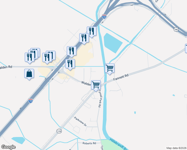 map of restaurants, bars, coffee shops, grocery stores, and more near 5065 Shelley Drive in Beaumont