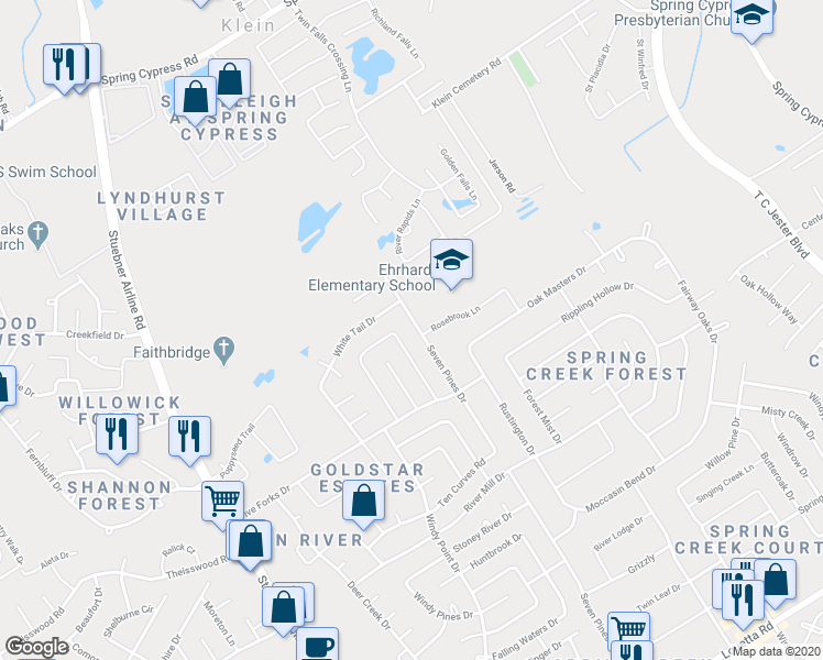 map of restaurants, bars, coffee shops, grocery stores, and more near 17807 7 Pines Drive in Spring