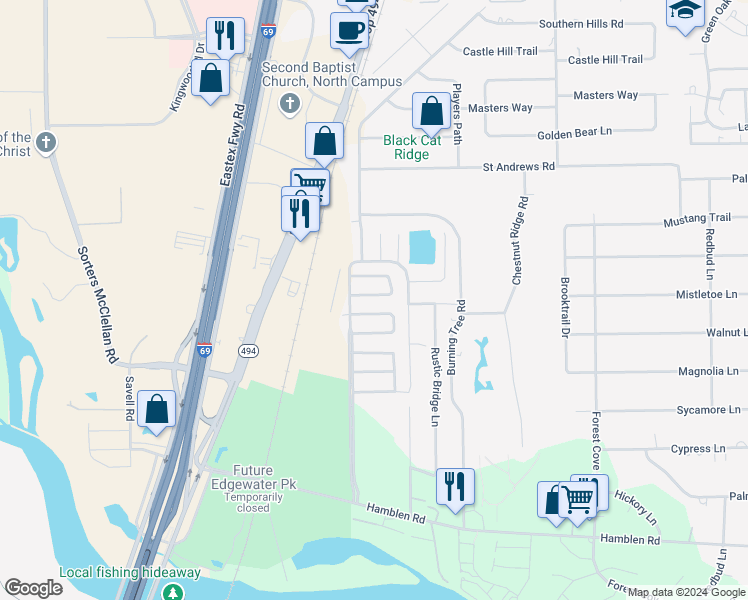 map of restaurants, bars, coffee shops, grocery stores, and more near 412 Mystic Trail Loop in Humble