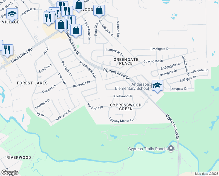 map of restaurants, bars, coffee shops, grocery stores, and more near 5835 Fallengate Drive in Spring