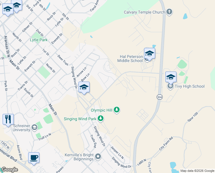 map of restaurants, bars, coffee shops, grocery stores, and more near 2200 San Jacinto Drive in Kerrville