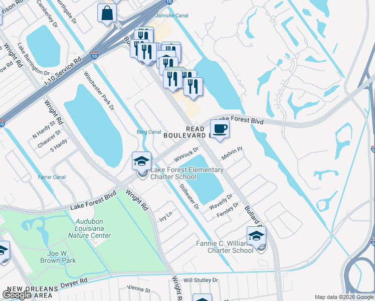 map of restaurants, bars, coffee shops, grocery stores, and more near 11292 Winrock Drive in New Orleans