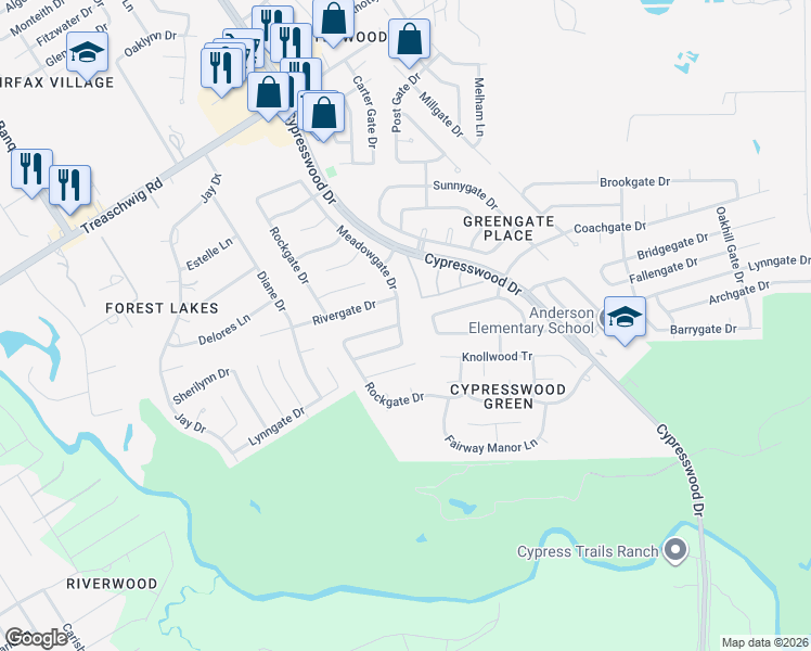 map of restaurants, bars, coffee shops, grocery stores, and more near 22202 Meadowgate Drive in Spring