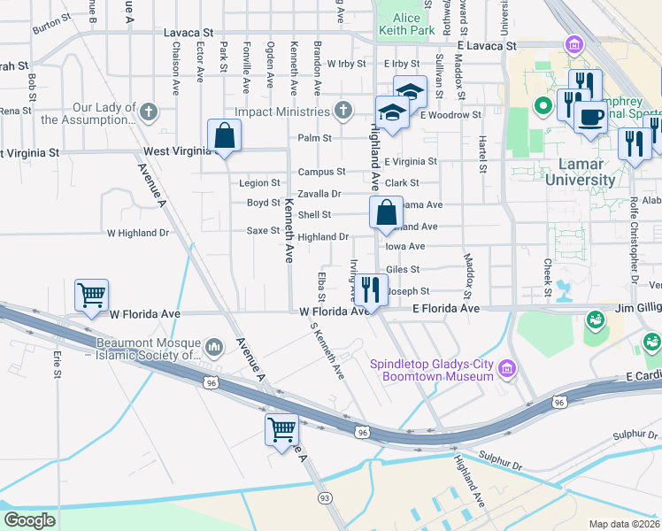 map of restaurants, bars, coffee shops, grocery stores, and more near 732 Cuchia Street in Beaumont