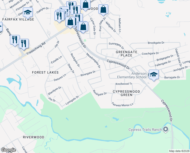 map of restaurants, bars, coffee shops, grocery stores, and more near 5603 Bridgegate Drive in Spring