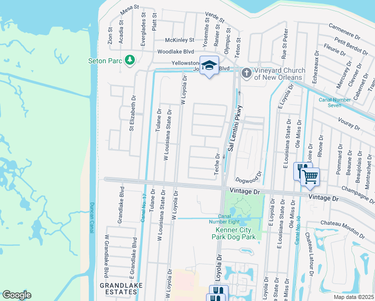 map of restaurants, bars, coffee shops, grocery stores, and more near 4049 Turtle Bayou Drive in Kenner
