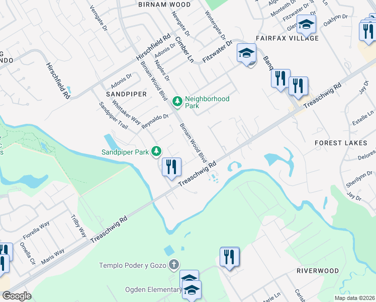 map of restaurants, bars, coffee shops, grocery stores, and more near 22914 Twisting Maple Court in Spring