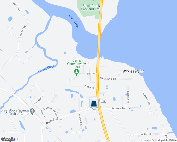 map of restaurants, bars, coffee shops, grocery stores, and more near 1551 Ball Road in Green Cove Springs
