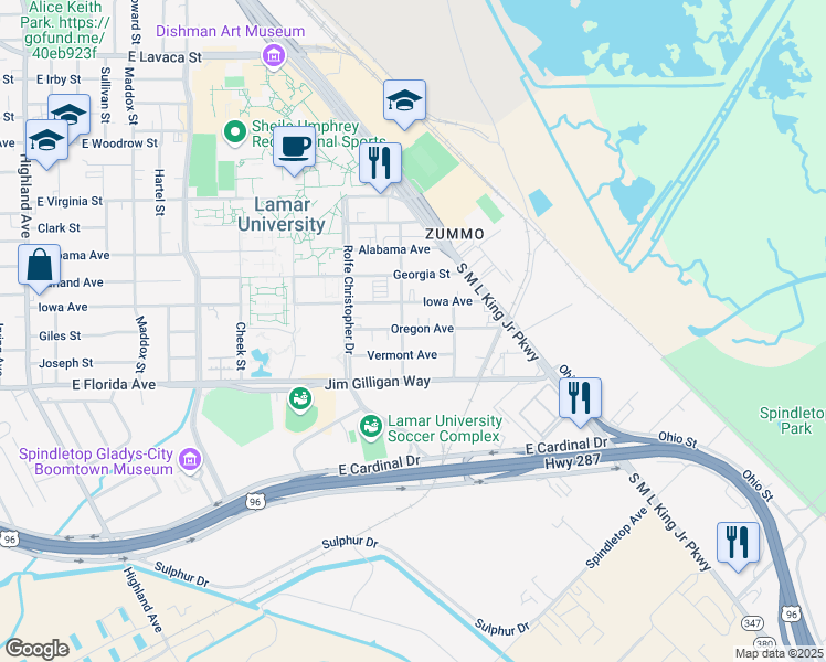 map of restaurants, bars, coffee shops, grocery stores, and more near 1096 Oregon Avenue in Beaumont