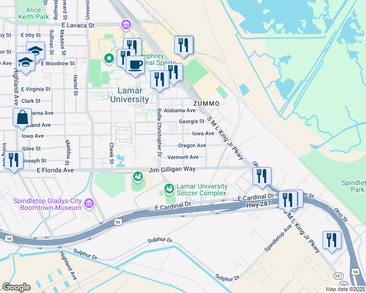 map of restaurants, bars, coffee shops, grocery stores, and more near 1096 Oregon Avenue in Beaumont
