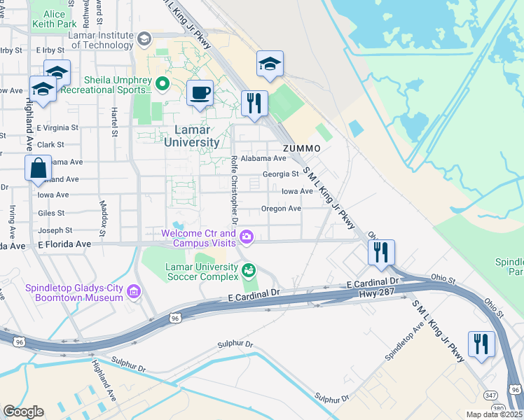map of restaurants, bars, coffee shops, grocery stores, and more near 1096 Oregon Avenue in Beaumont