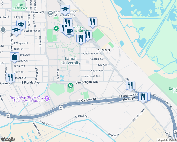 map of restaurants, bars, coffee shops, grocery stores, and more near 1096 Oregon Avenue in Beaumont